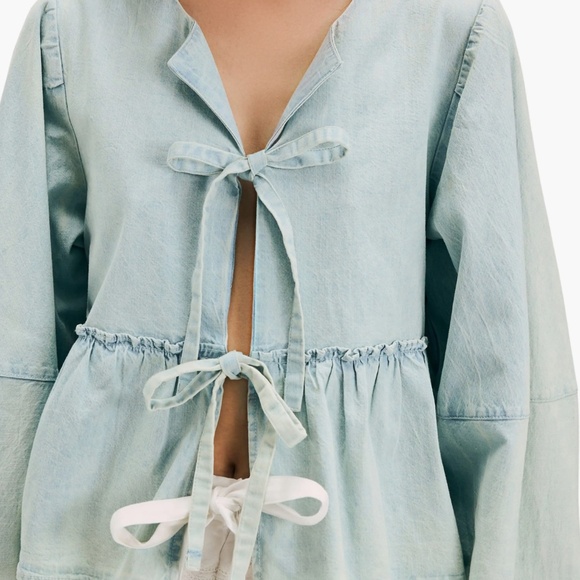 Free People Cotton Denim Brunch Babe Blouse - Picture 1 of 8